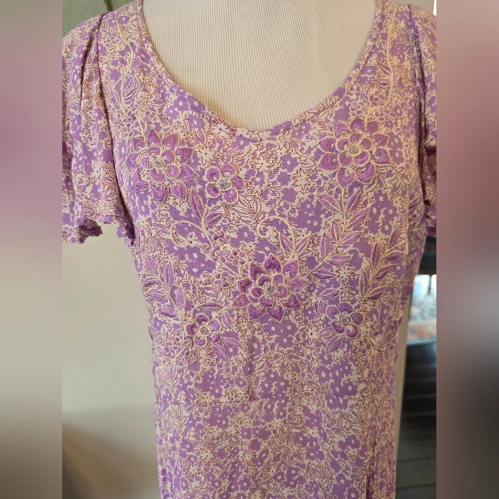 April Cornell Size Large Lavender Floral Embroidered Maxi Dress Flutter Sleeve - Picture 2 of 12